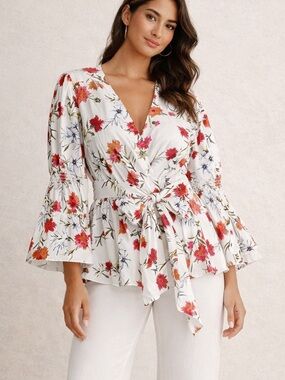 Venus White Floral Tie Waist Blouse Top Size 1X